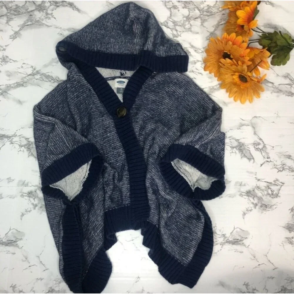 Old Navy ✦ Hooded Knit Poncho Sweater ✦ Blue Shawl Style Button Neck Sz 3T
